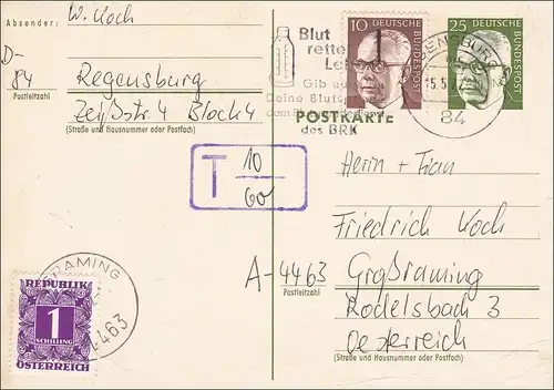 Ganzsache von Regensburg nach Österreich - Nach Taxe 1972