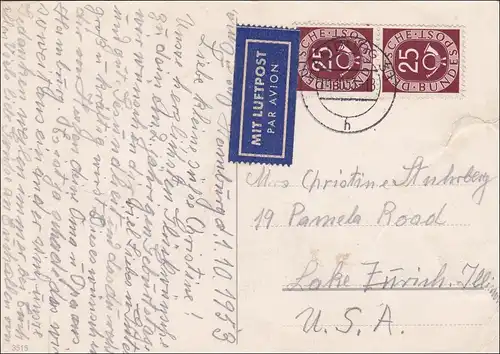 Carte postale de Hambourg 1953 comme courrier aérien vers les États-Unis