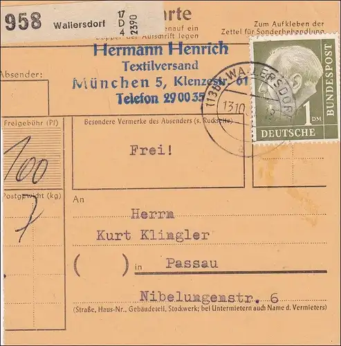 Carte de Wallersdorf à Passau 1951 - EF