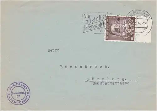 Brief aus Stuttgart Cannstatt nach Nürnberg 1954
