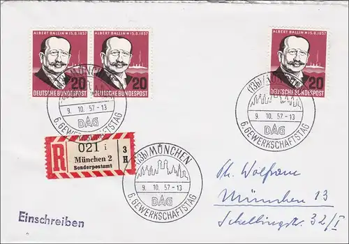 Inscription MeF, Munich 1957, timbre spécial 6ème jour du syndicat, bureau de poste spécial