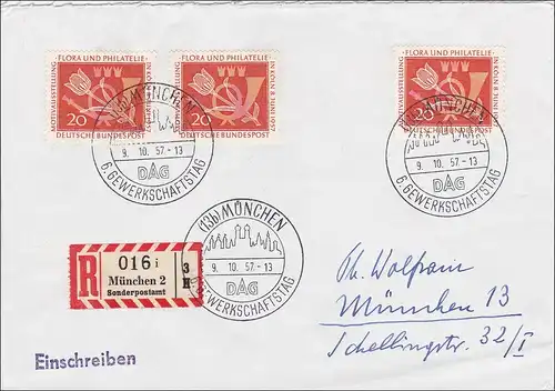Lettre recommandé de Munich 1957, cachet spécial 6ème jour du syndicat, bureau de poste spécial