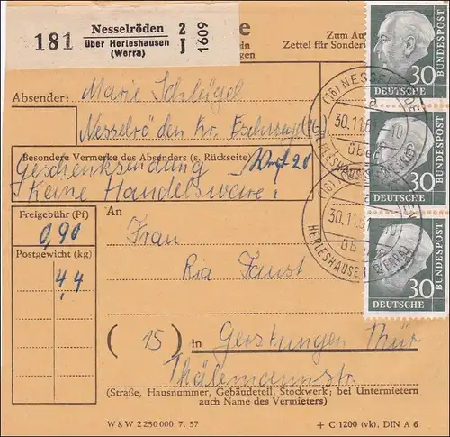 Paketkarte Nesselröden nach Gerstungen mit Mehrfachfrankatur 1961