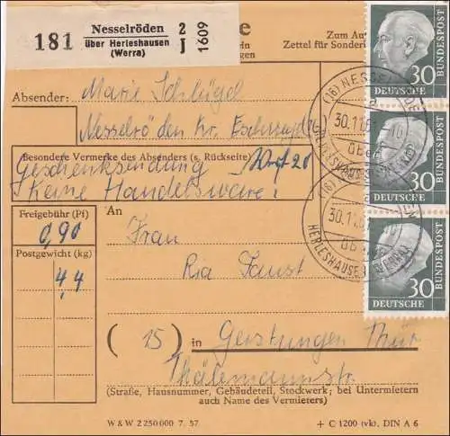 Paketkarte Nesselröden nach Gerstungen mit Mehrfachfrankatur 1961