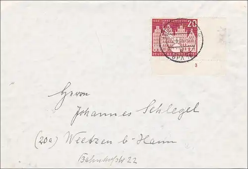 Brief aus Hannover 1956 nach Weetzen bei Hamm - Eckrandmarke Nr. 3