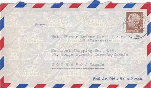 Lettre postale aérienne de Hambourg au Canada. .