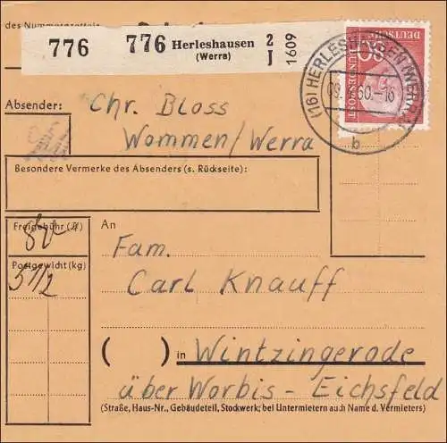Paketkarte von Herleshausen 1960 nach Wintzingerode