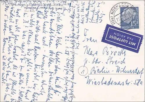 Ansichtskarte als Luftpost von Nürnberg nach Berlin 1958