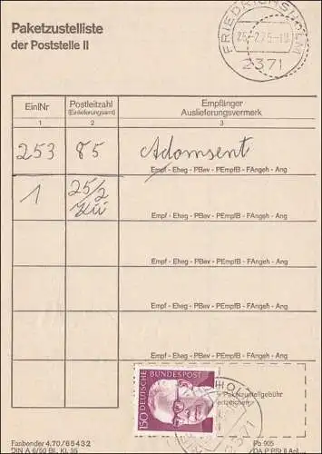 Paketzustelliste Friedrichsholm 1975