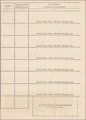 Liste de livraison de colis de voies de levage 1974