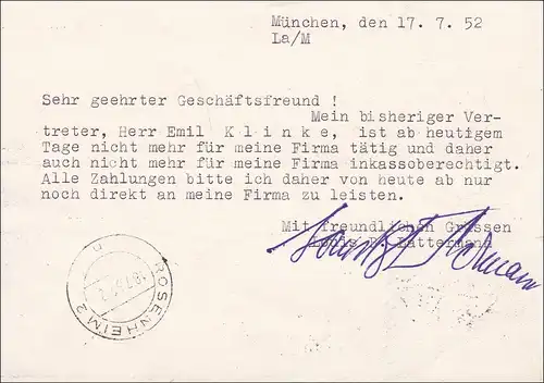Einschreiben von München nach Rosenheim 1952