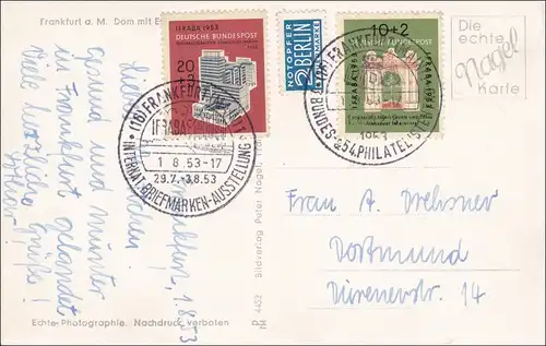 AK Frankfurt Main nach Dortmund, Sonderstempelt Briefmarken Ausstellung 1953