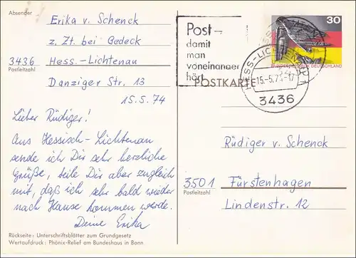 Chose entière: Carte postale PSo4 de Hessisch Lichtenau 1974
