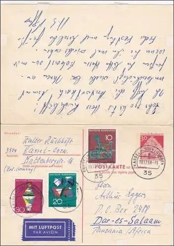 Ganzsache:  mit frankierter Antwort Kenya/Tansania/Dar-es-Salaam - Kassel 1968