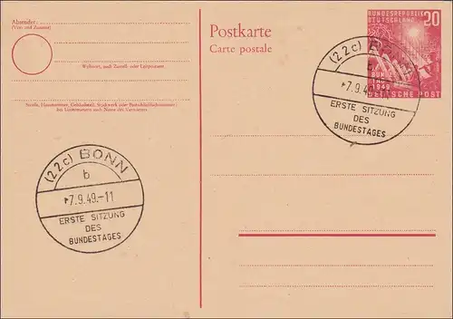 Ganzsache:  PS02 - Sonderstempel Bonn,  1. Sitzung des Bundestages 1949