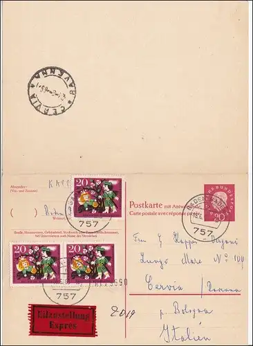 Ganzsache:  Antwortkarte als Eilboten von Baden-Baden nach Italien 1965