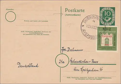Ganzsache:  Antwortkarte aus Dubrovniknach Gelsenkirchen 1953