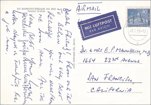 Cartes postales Gare Zoo1958 vers États-Unis