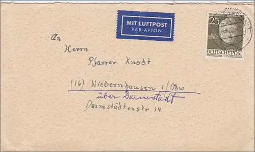 Lettre de 1953 comme courrier aérien vers Niederhausen/Directive sur les eaux usées