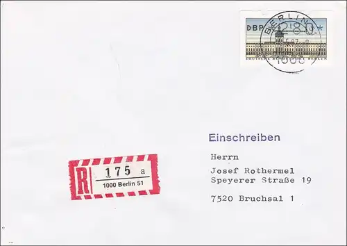 Einschreiben Berlin 1987 nach Bruchsal - 280 Automatenmarke