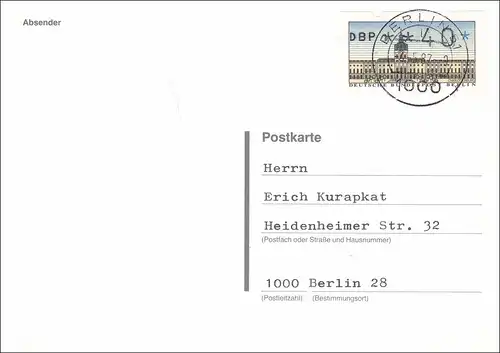 Carte postale Berlin 1987 après rupture - 40 timbre automatique