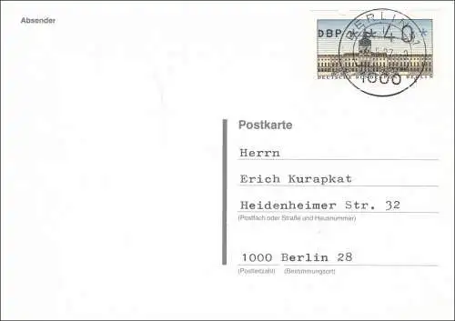 Postkarte Berlin 1987 nach Bruchsal - 40 Automatenmarke