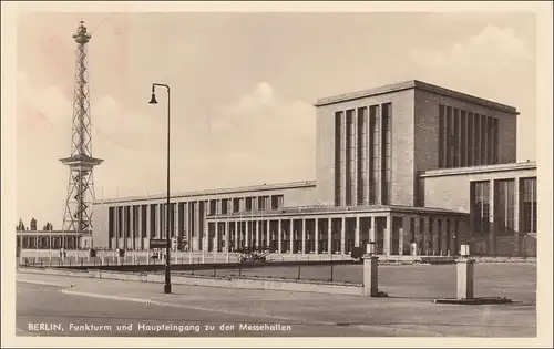 Carte de vue 1950 Tour de radio / Salle de foire avec l'exposition industrielle de timbre spécial