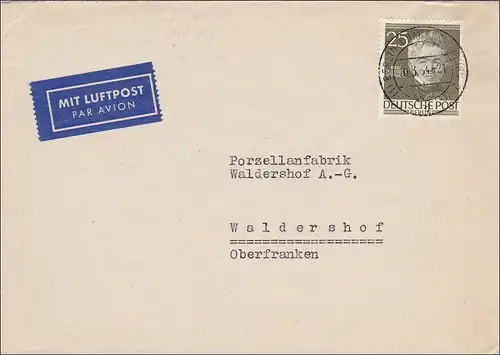 Lettre de poste aérien pour Waldershof 1954