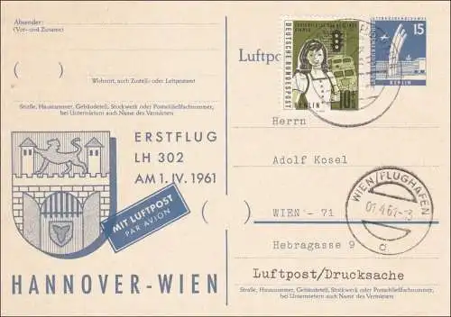 Ganzsache Erstflug LH - Hannover-Wien 1961