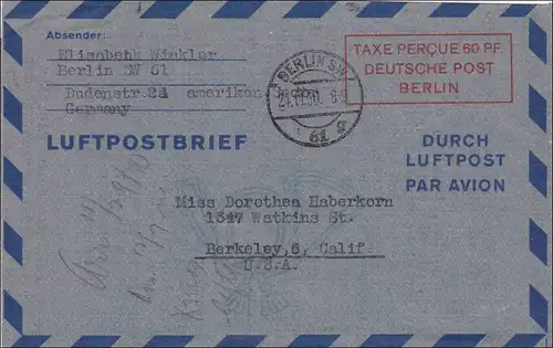 Lettre postale aérienne - Taxe Percue Deutsche Post Berlin 1950 vers les États-Unis