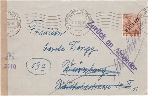 Brief 1948 nach Würzburg und zurück - Zensur