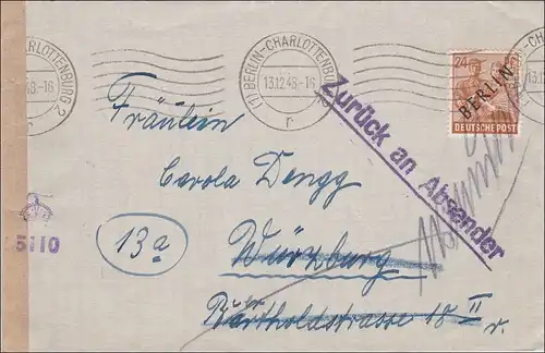 Lettre de 1948 à Würzburg et retour - censure
