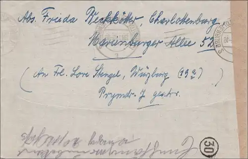 Lettre de 1948 à Würzburg et retour - censure