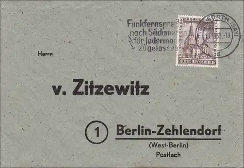 Fürth nach Berlin - Werbestempel 1953 Funkfernsprecher nach Südamerika