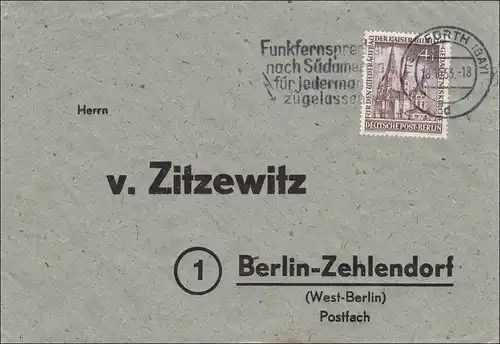 Fürth vers Berlin - timbre publicitaire 1953 Radiophone en Amérique du Sud