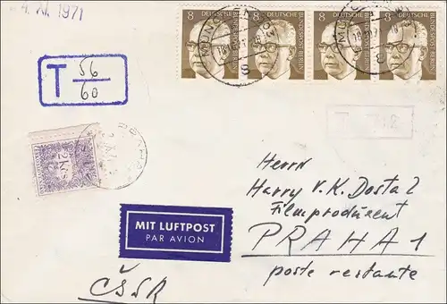 Lettre de courrier aérien avec MeF à Prague avec supplément 1971