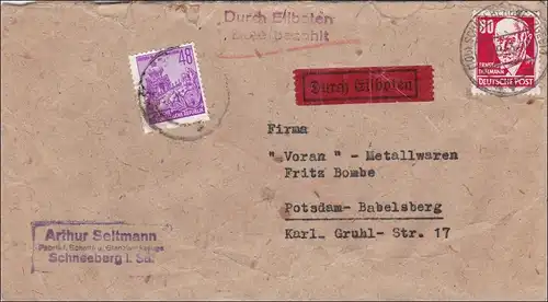 DDR:  Eilboten Brief 1953 von Scheeberg nach Postsdam