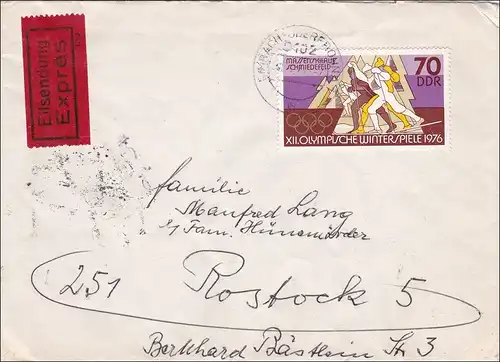 DDR:  Eilbotenbrief von den Olypmischen Winterspielen 1976 nach Rostock