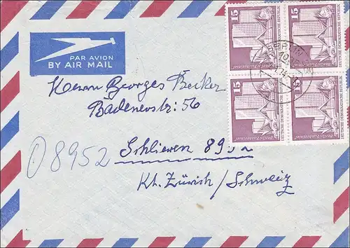 RDA: Lettre postale aérienne de Berlin en Suisse 1974