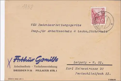 Lettre Protection du travail-éducation de la circulation Dresde après Leipzig 1958, verso