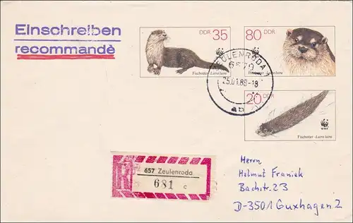 1988: Einschreiben aus Zeulenroda nach Guxhagen - Fischotter - Ganzsache U7