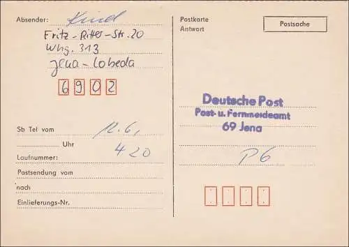 DDR:  Antwortpostkarte als Postsache Jena