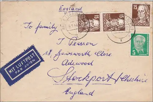 DDR:  1954: Luftpost von Halle nach England: Köpfe II, BPP Signatur