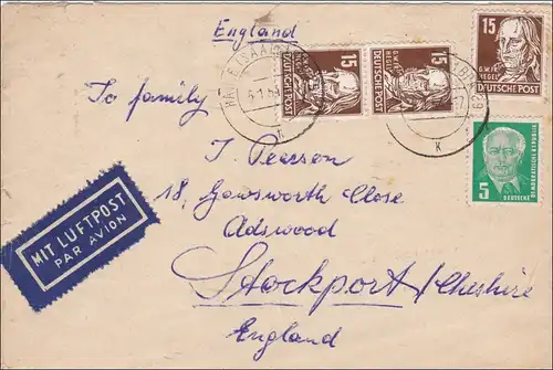 RDA: 1954: Poste aérien de Halle à Angleterre: têtes II, signature BPP
