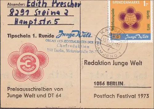 DDR:  1972: Tipschein aus Steina nach Berlin - Redaktion Junge Welt, FDJ