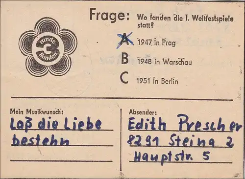 DDR:  1972: Tipschein aus Steina nach Berlin - Redaktion Junge Welt, FDJ