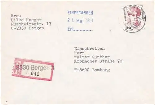 DDR:  1991 - Einschreiben aus Bergen nach Bamberg