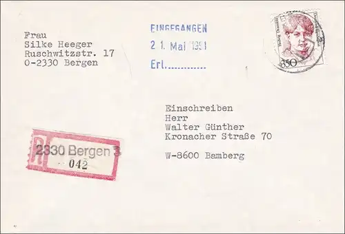 RDA: 1991 - Lettre recommandé de Bergen à Bamberg
