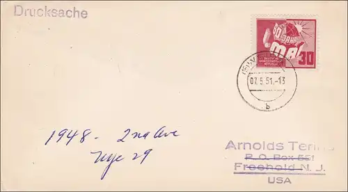 DDR:  1951: Drucksache Brief  nach USA