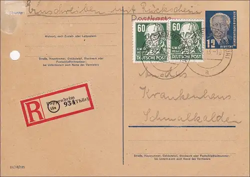 RDA: 1953: Entacte entier en lettre recommandée de Bachheim à Schmalkhalden